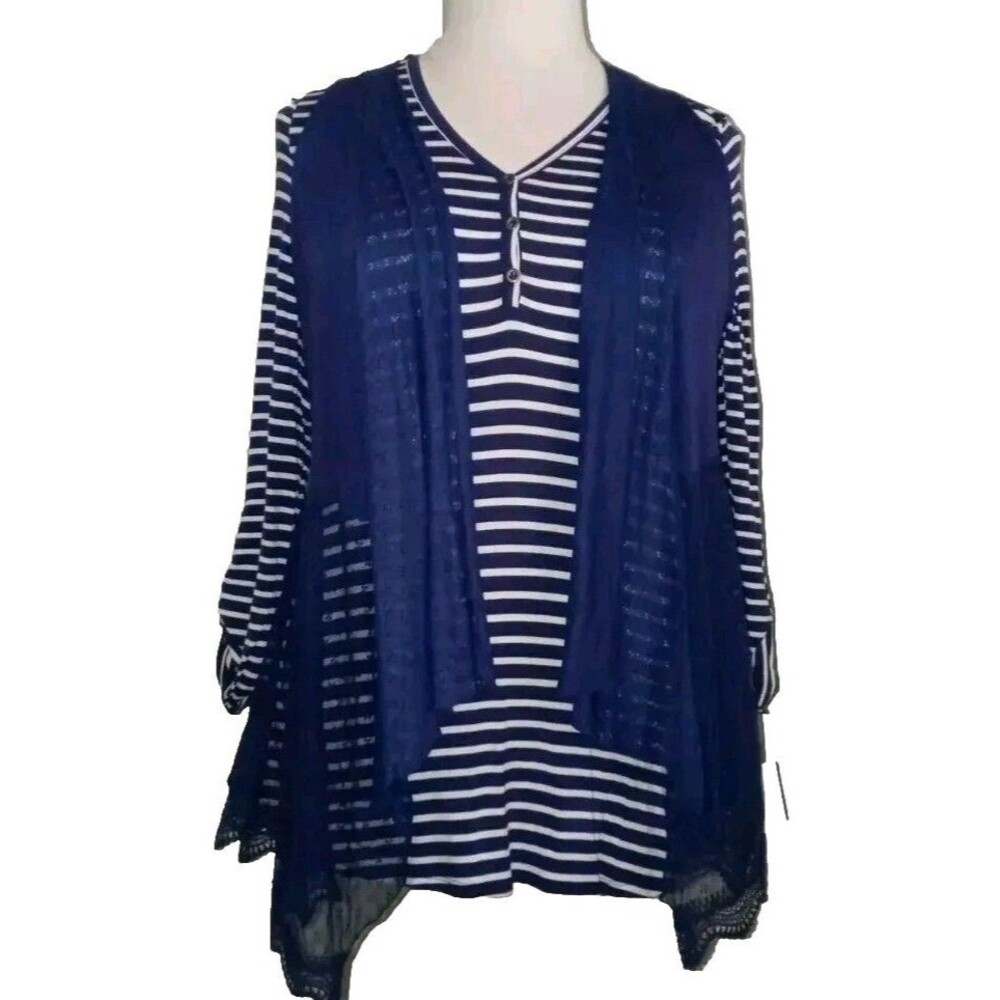 NWT TRUE SELF Womens XL 2Fer Stripes Lace Overlay Nautical Long Sleeve Top Navy - Picture 2 of 16
